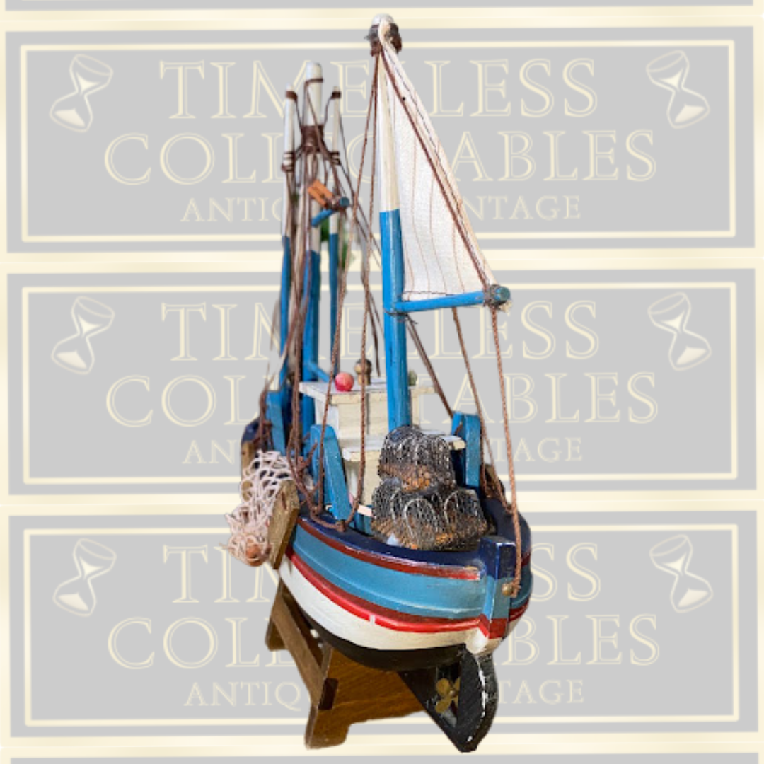 Vintage Handcrafted Wooden Model Fishing Trawler
