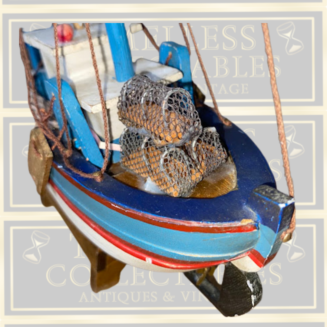 Vintage Handcrafted Wooden Model Fishing Trawler
