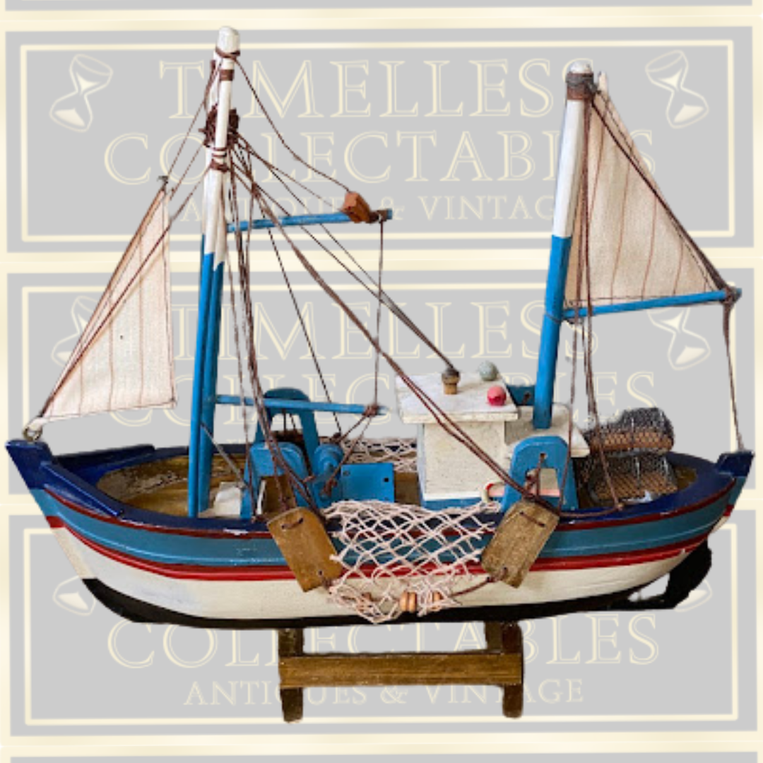 Vintage Handcrafted Wooden Model Fishing Trawler