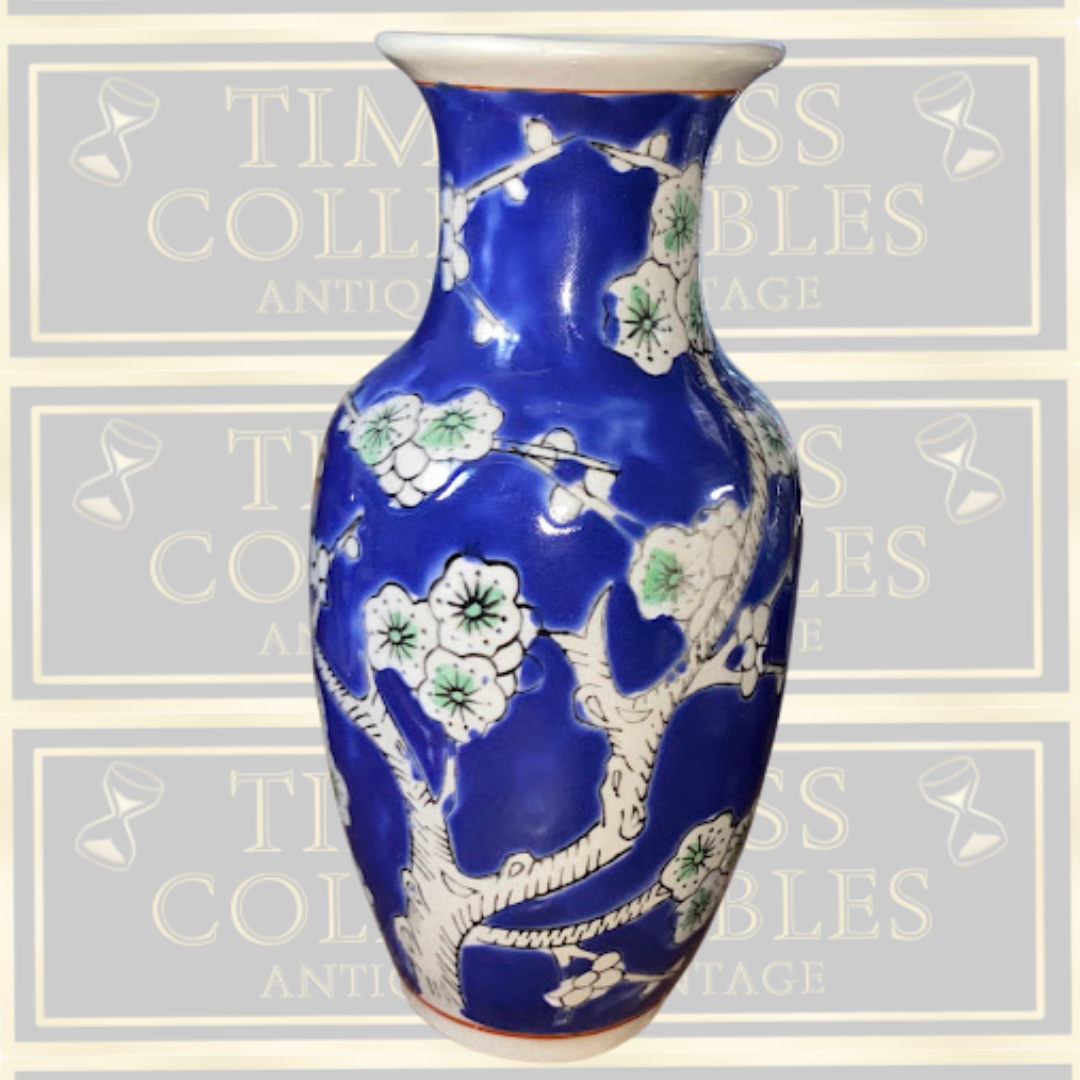 Vintage Blue & White Cherry Blossom Chinese Porcelain Vase