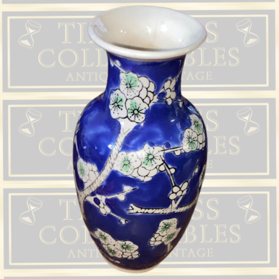 Vintage Blue & White Cherry Blossom Chinese Porcelain Vase