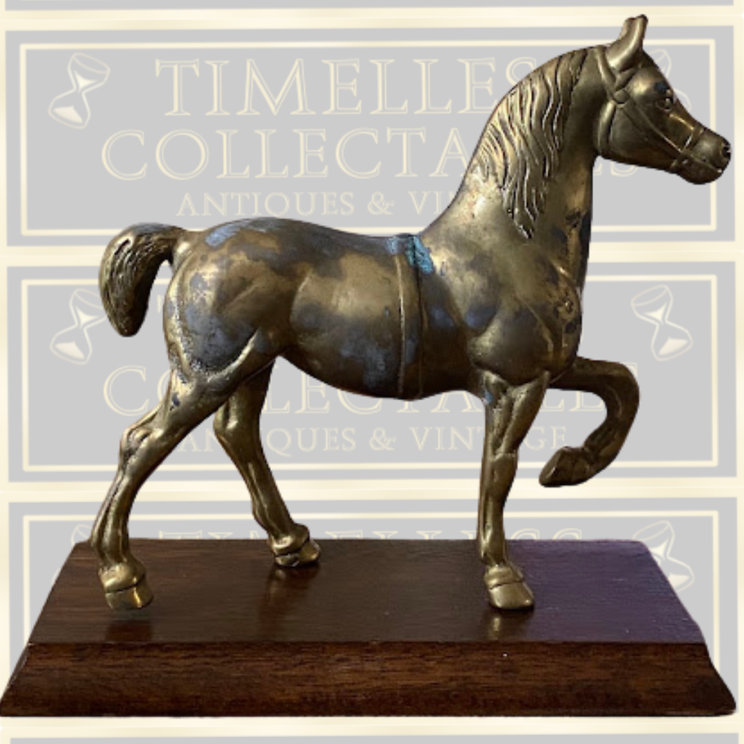 Vintage Large Brass Prancing Horse On Oak Plinth