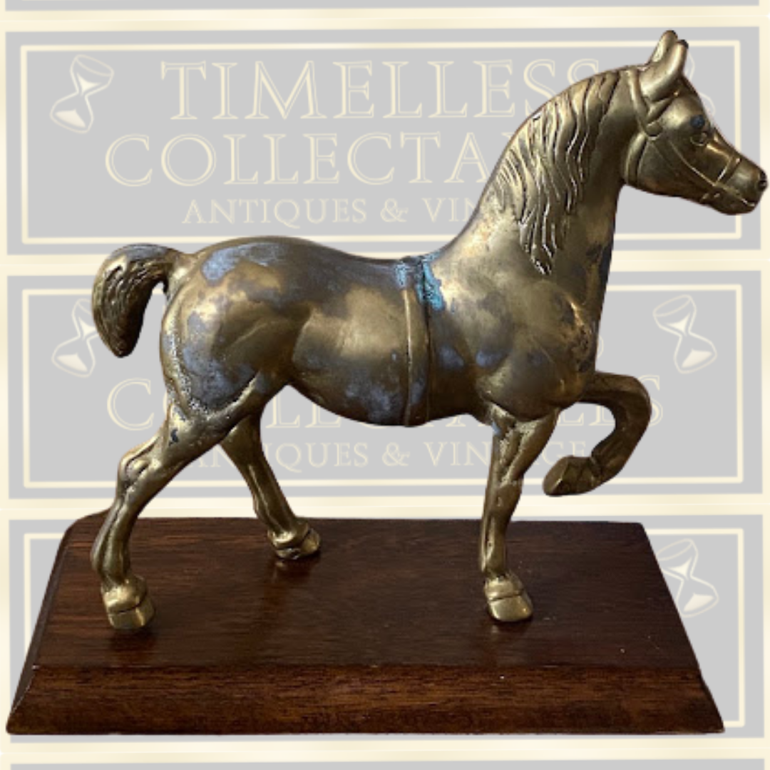 Vintage Large Brass Prancing Horse On Oak Plinth