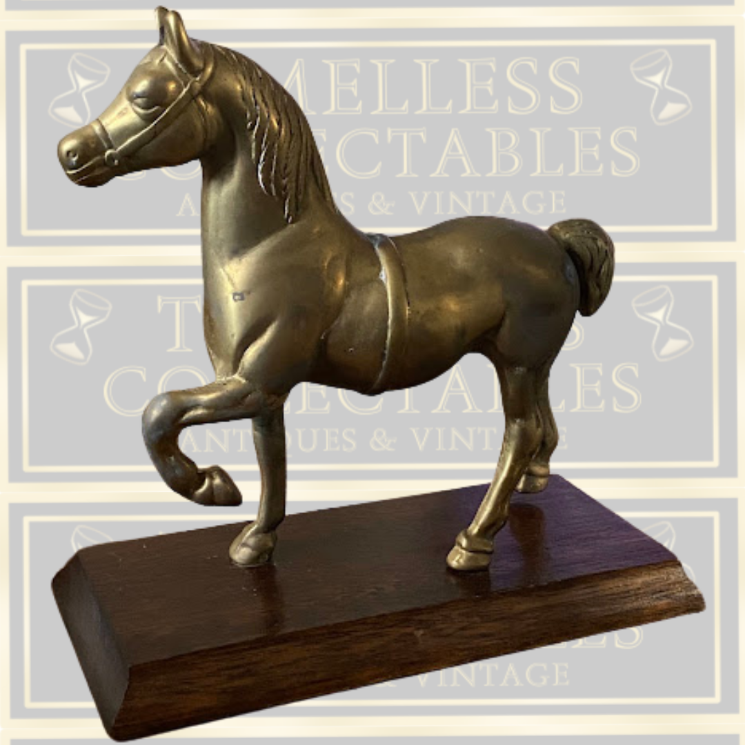Vintage Large Brass Prancing Horse On Oak Plinth