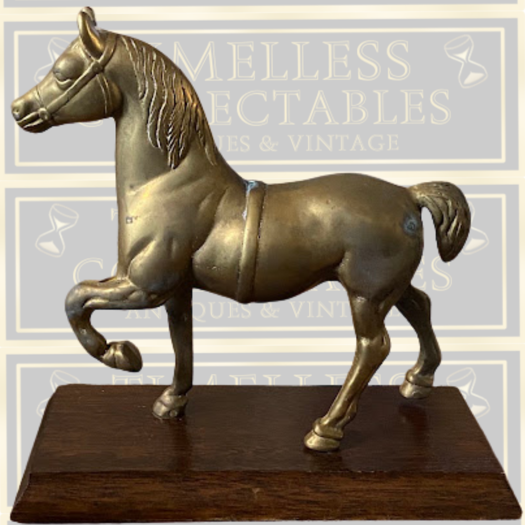 Vintage Large Brass Prancing Horse On Oak Plinth