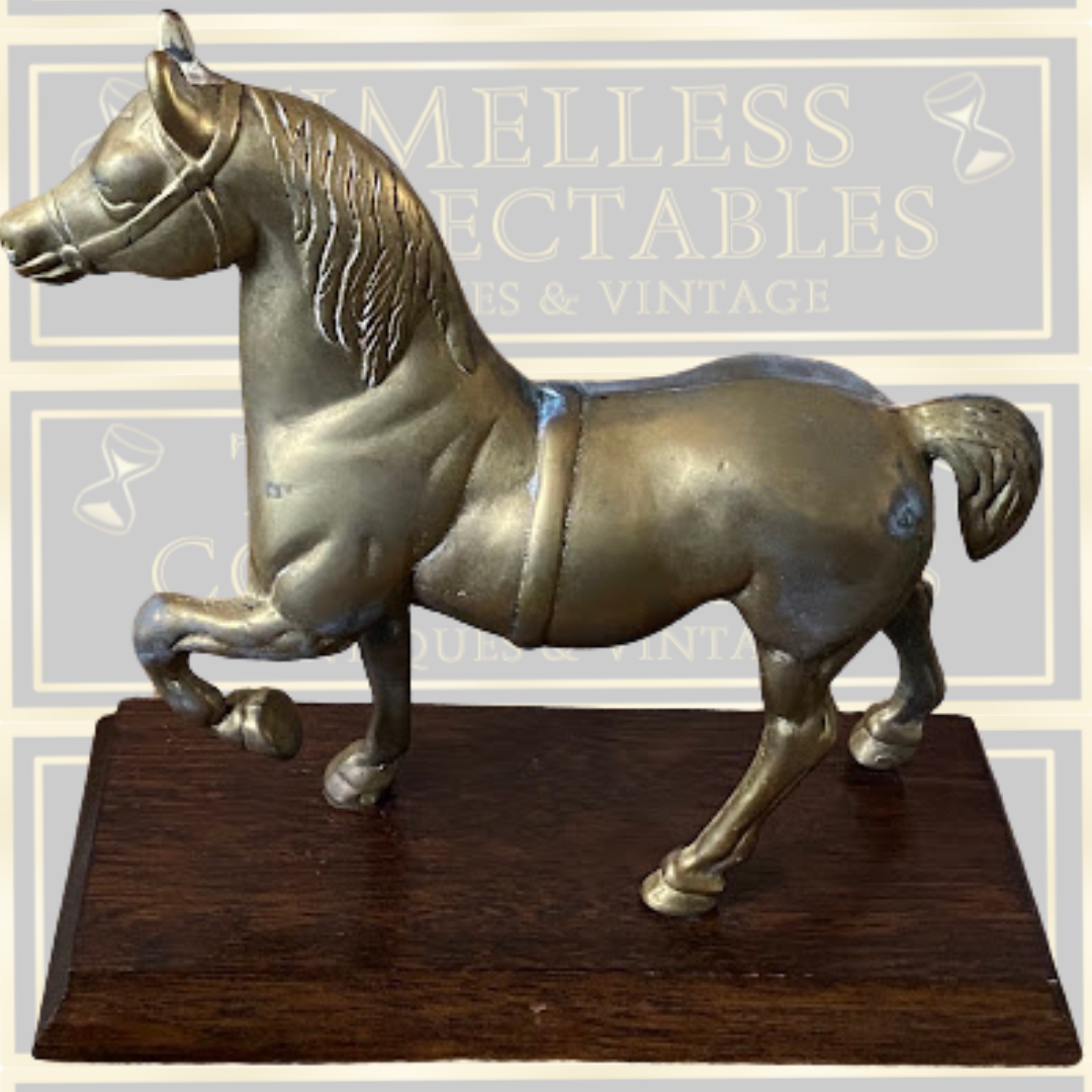 Vintage Large Brass Prancing Horse On Oak Plinth