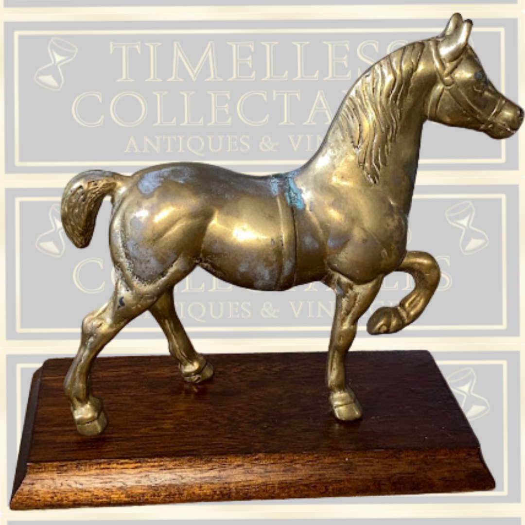Vintage Large Brass Prancing Horse On Oak Plinth