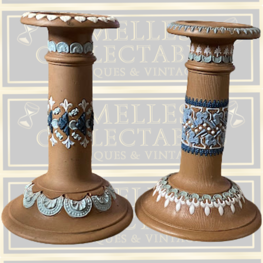Antique Pair Doulton Lambeth Silicon Ware Candlestick Holders