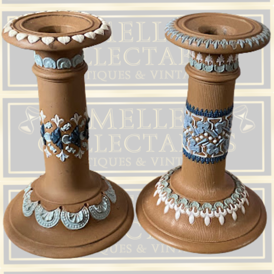 Antique Pair Doulton Lambeth Silicon Ware Candlestick Holders