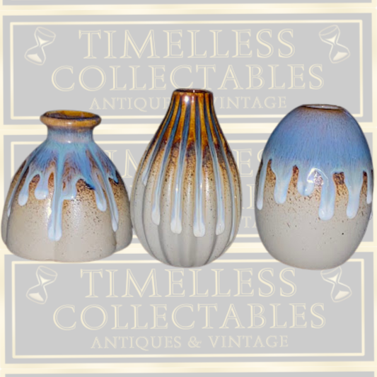 Three Bat Trang Dark Brown and Beige,Blue Bud Vase's