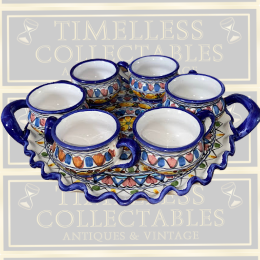 Vintage Italian Majolica Coffee Set Six Mugs & Tray
