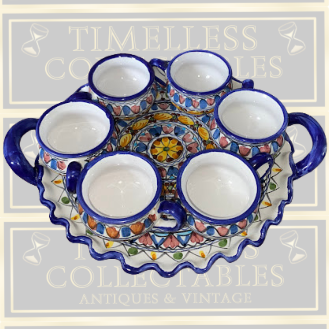 Vintage Italian Majolica Coffee Set Six Mugs & Tray