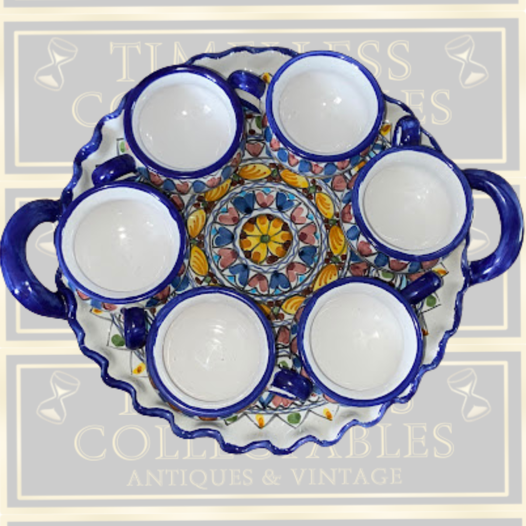 Vintage Italian Majolica Coffee Set Six Mugs & Tray
