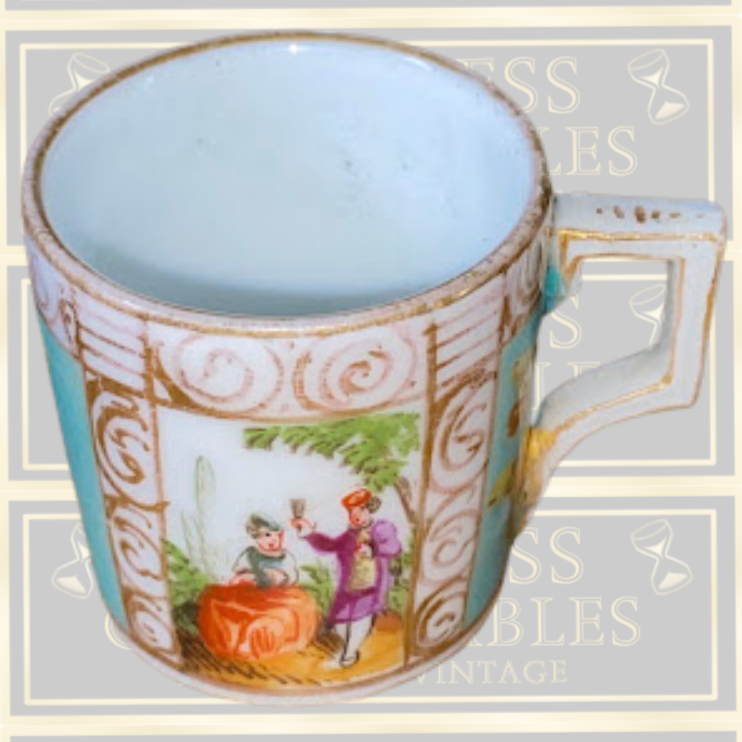 Antique Dresden Helena Wolfsohn Demitasse Cup – Watteau Courting Scene (c. 1875)