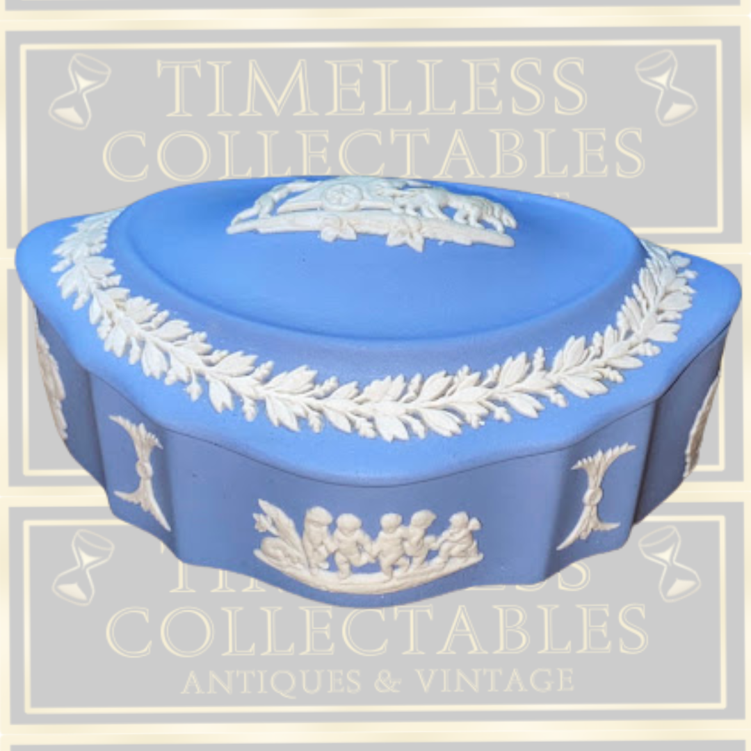 Vintage Wedgwood Blue Jasperware Lidded Oval Trinket Box