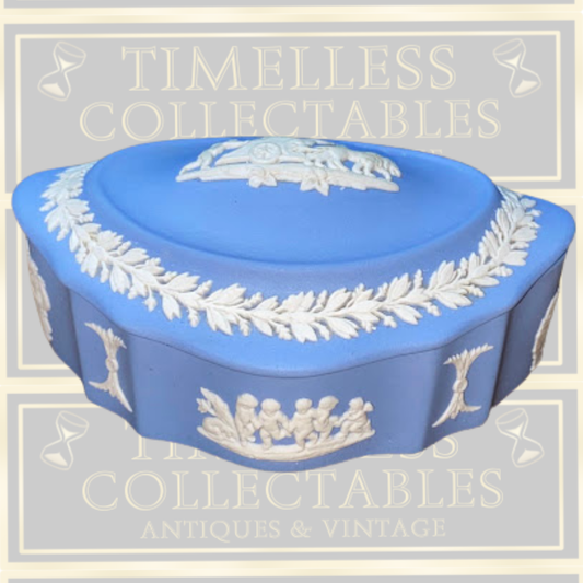 Vintage Wedgwood Blue Jasperware Lidded Oval Trinket Box