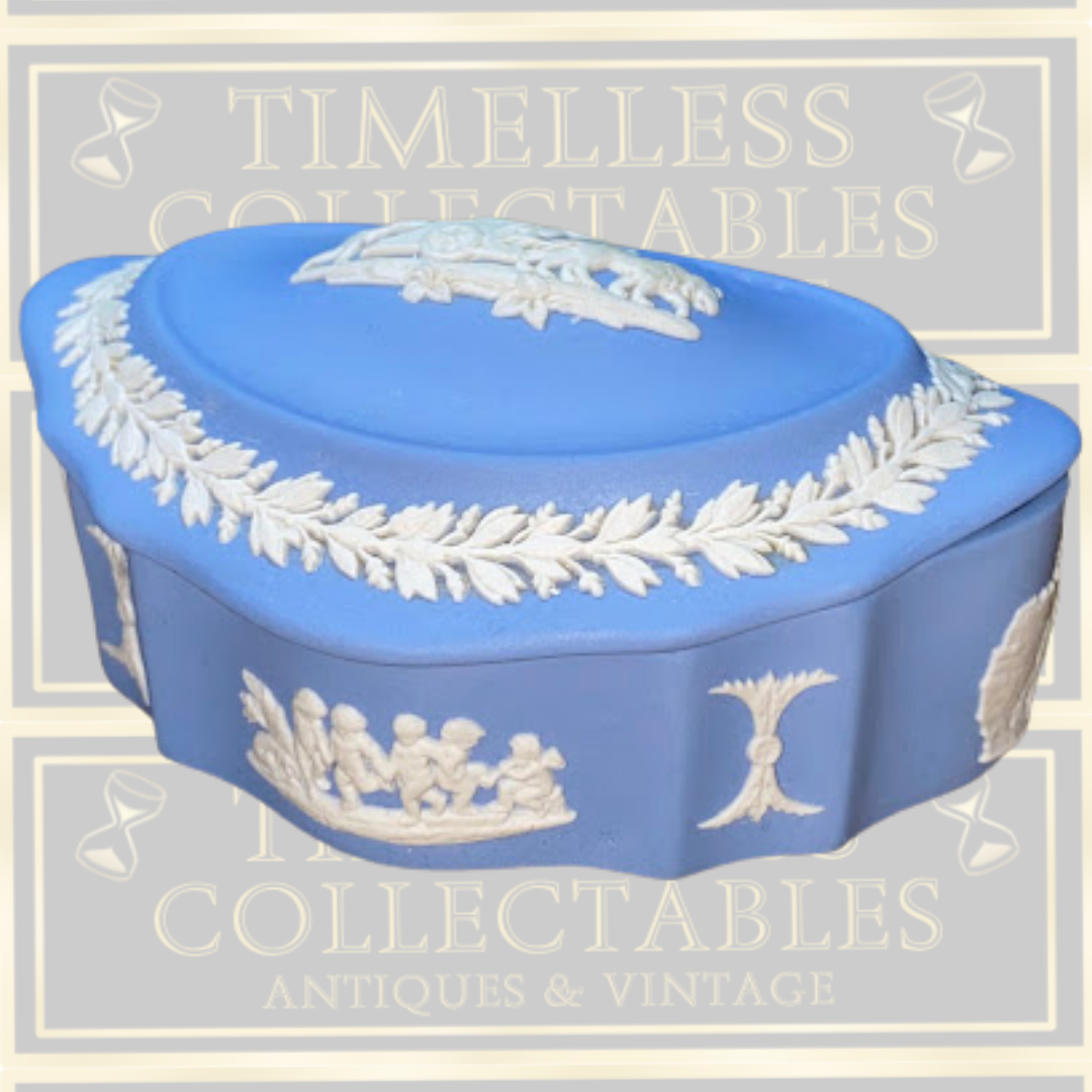 Vintage Wedgwood Blue Jasperware Lidded Oval Trinket Box