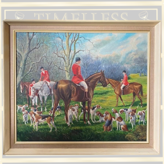 Vintage English Fox Hunting Scene Oil Painting on Canvas – Signed B. Ward