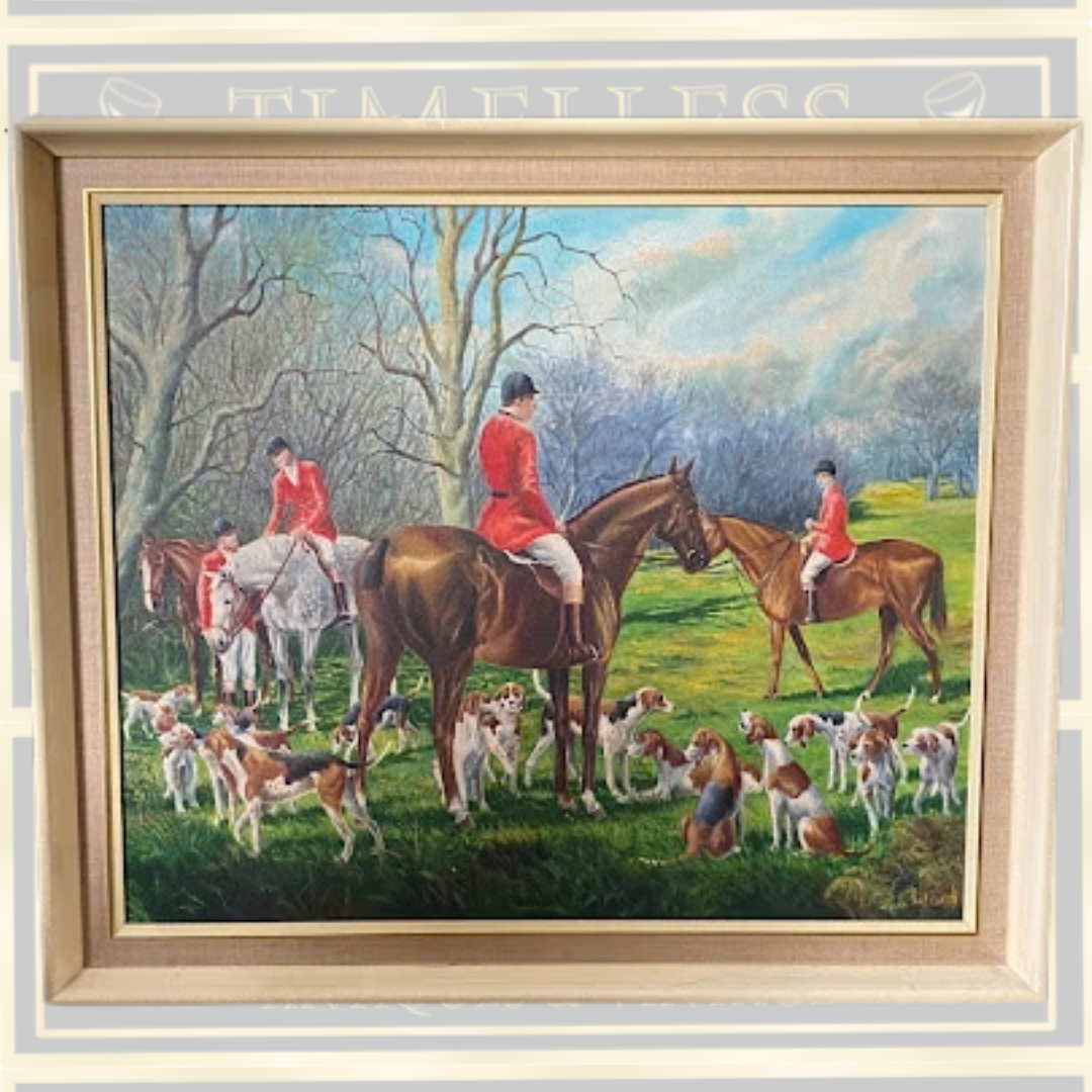 Vintage English Fox Hunting Scene Oil Painting on Canvas – Signed B. Ward