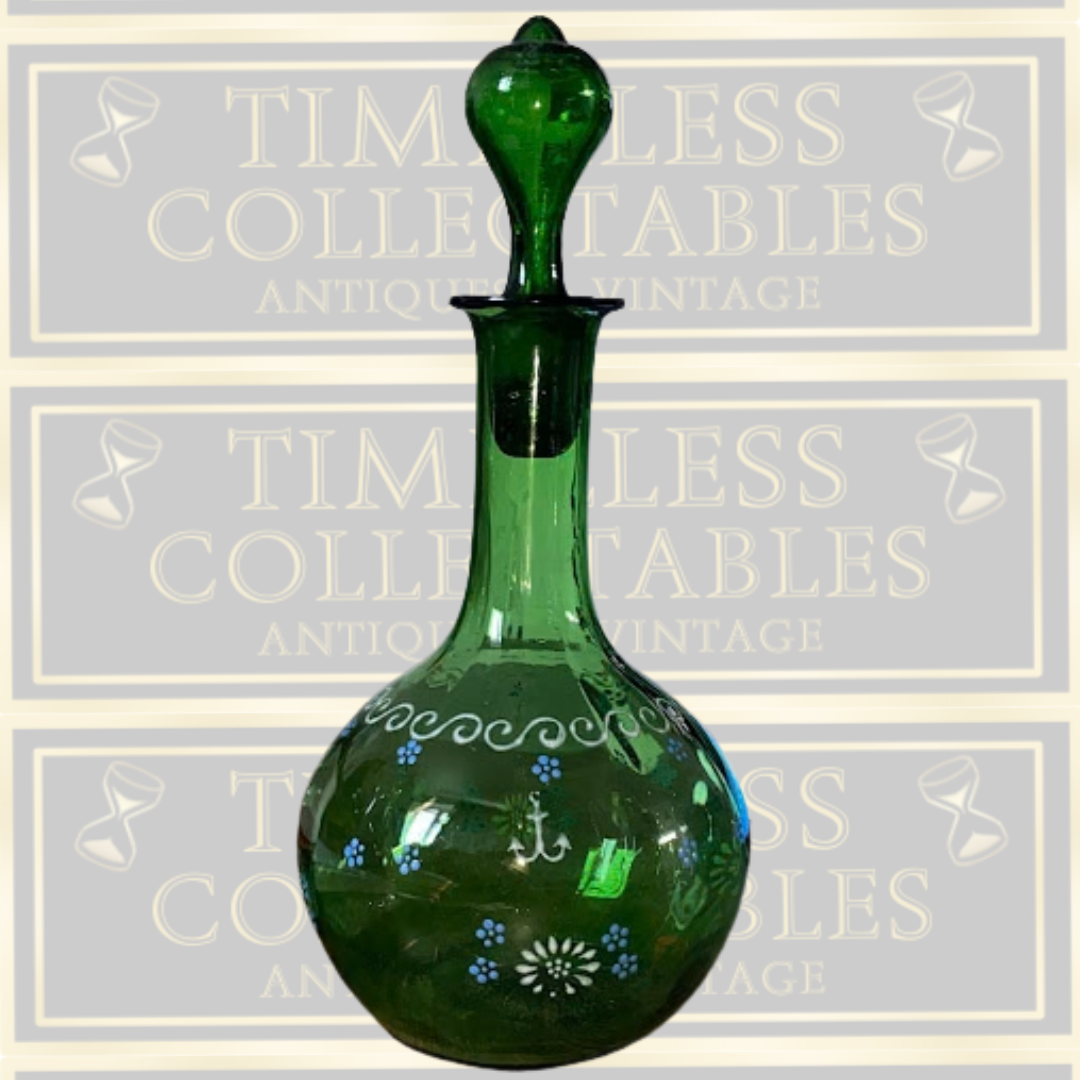 Antique Hand Blown Victorian Hand Painted Green Glass Decanter