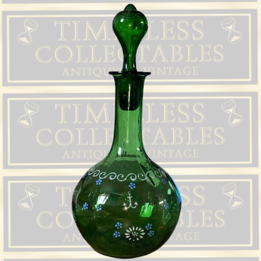 Antique Hand Blown Victorian Hand Painted Green Glass Decanter