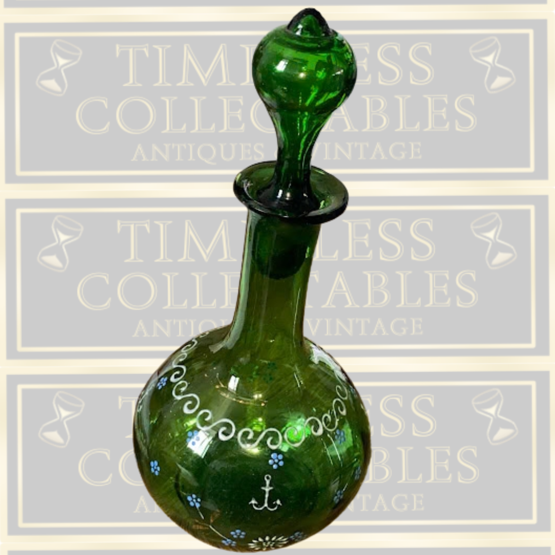 Antique Hand Blown Victorian Hand Painted Green Glass Decanter