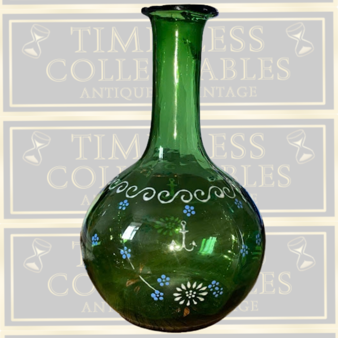 Antique Hand Blown Victorian Hand Painted Green Glass Decanter