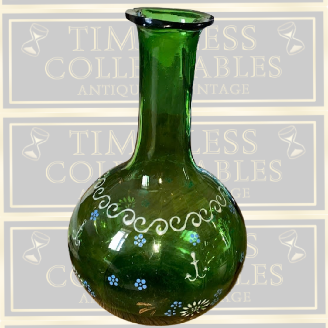 Antique Hand Blown Victorian Hand Painted Green Glass Decanter