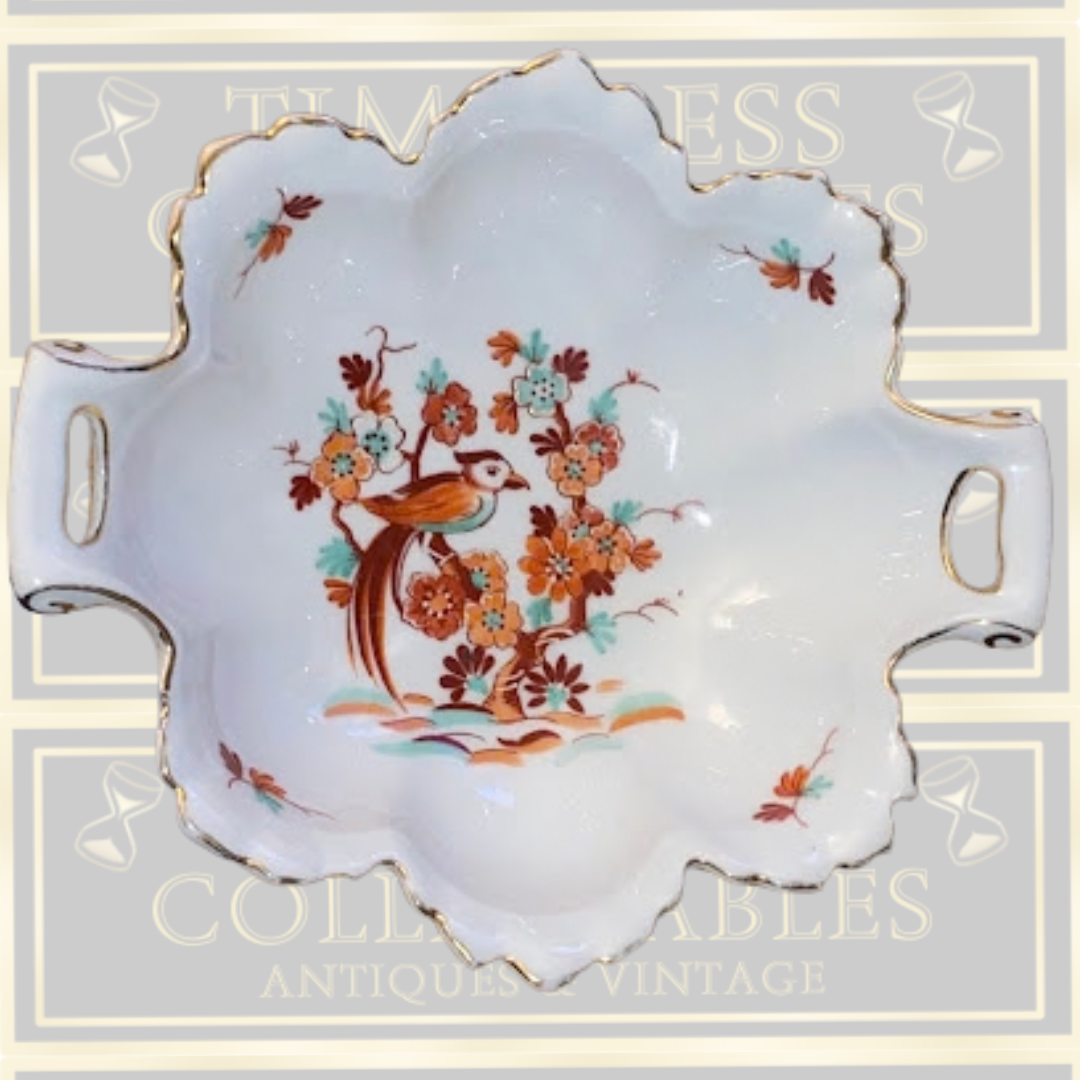 Vintage Porcelain Bowl Scalloped Gold-Trimmed Central Bird & Floral Footed Bowl