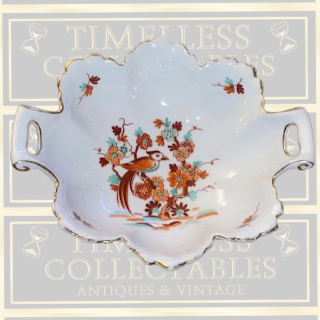 Vintage Porcelain Bowl Scalloped Gold-Trimmed Central Bird & Floral Footed Bowl