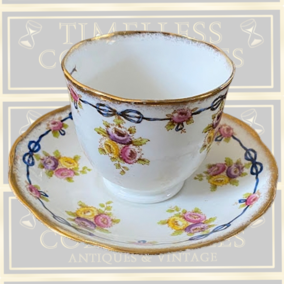 Antique Six Cups & Saucers Royal Albert Crown Blue Ribbons China set