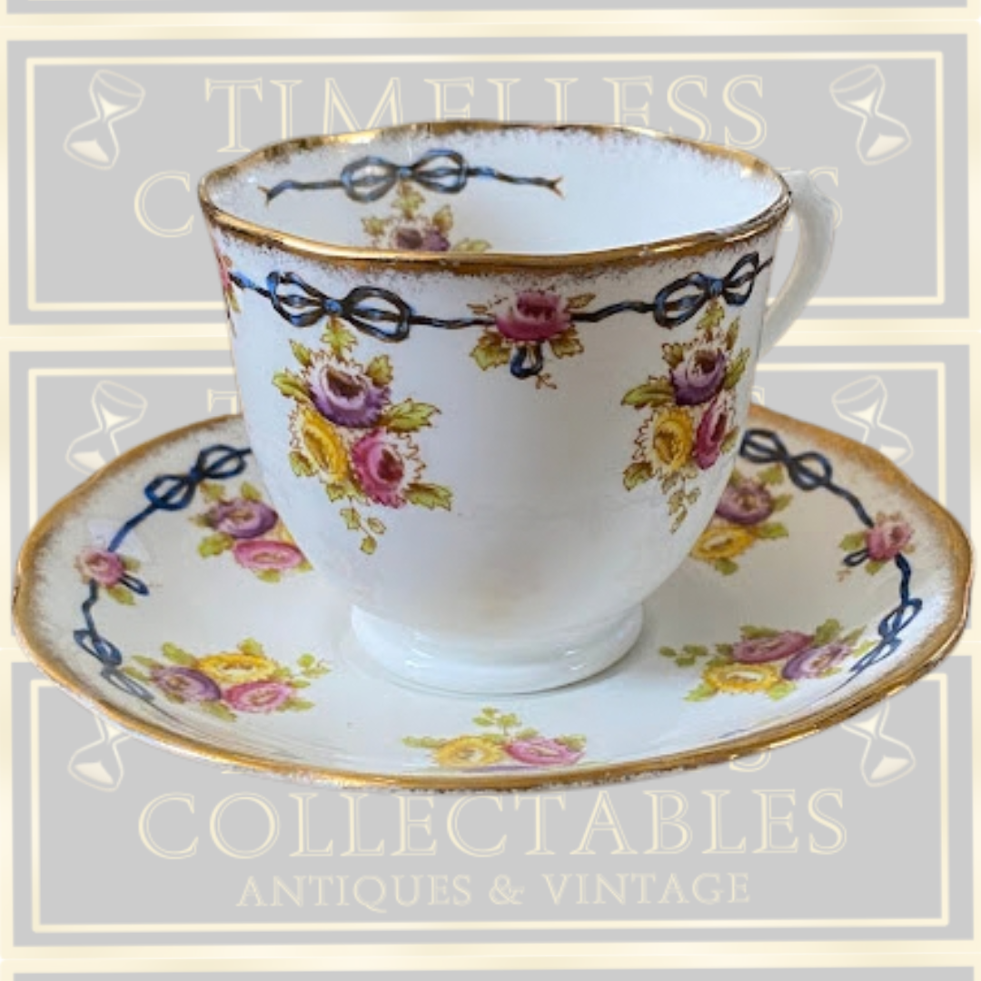 Antique Six Cups & Saucers Royal Albert Crown Blue Ribbons China set
