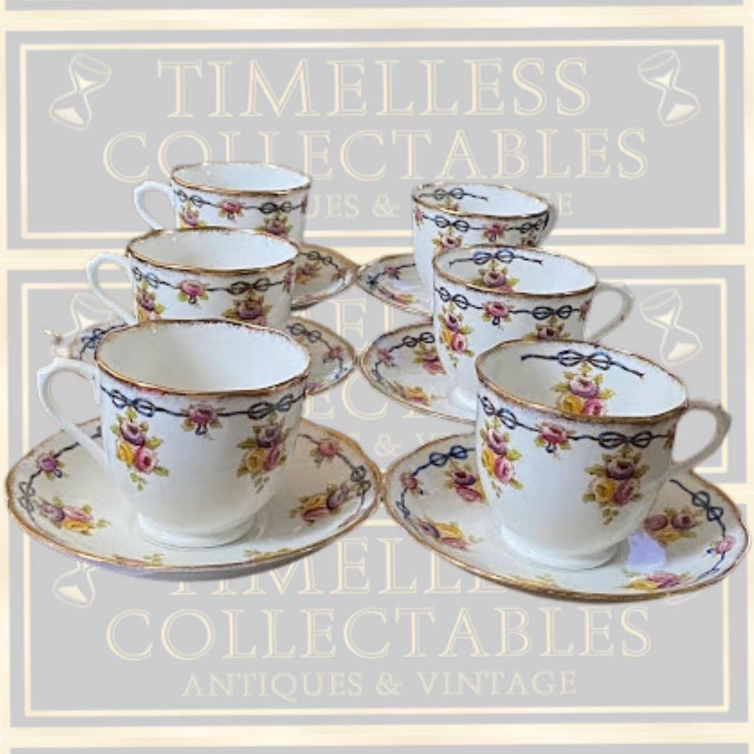 Antique Six Cups & Saucers Royal Albert Crown Blue Ribbons China set