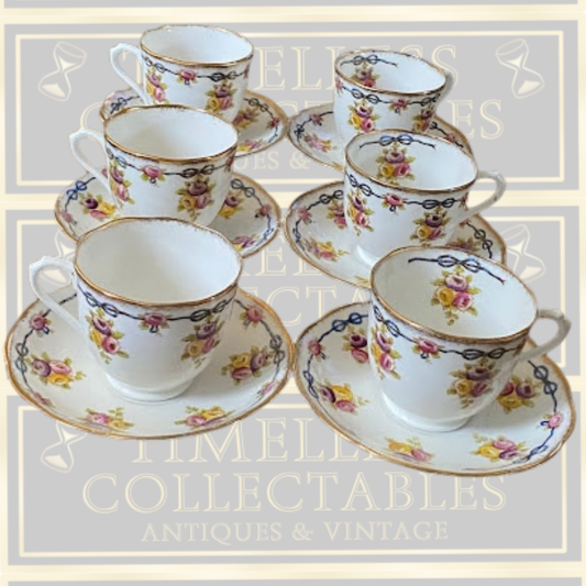 Antique Six Cups & Saucers Royal Albert Crown Blue Ribbons China set