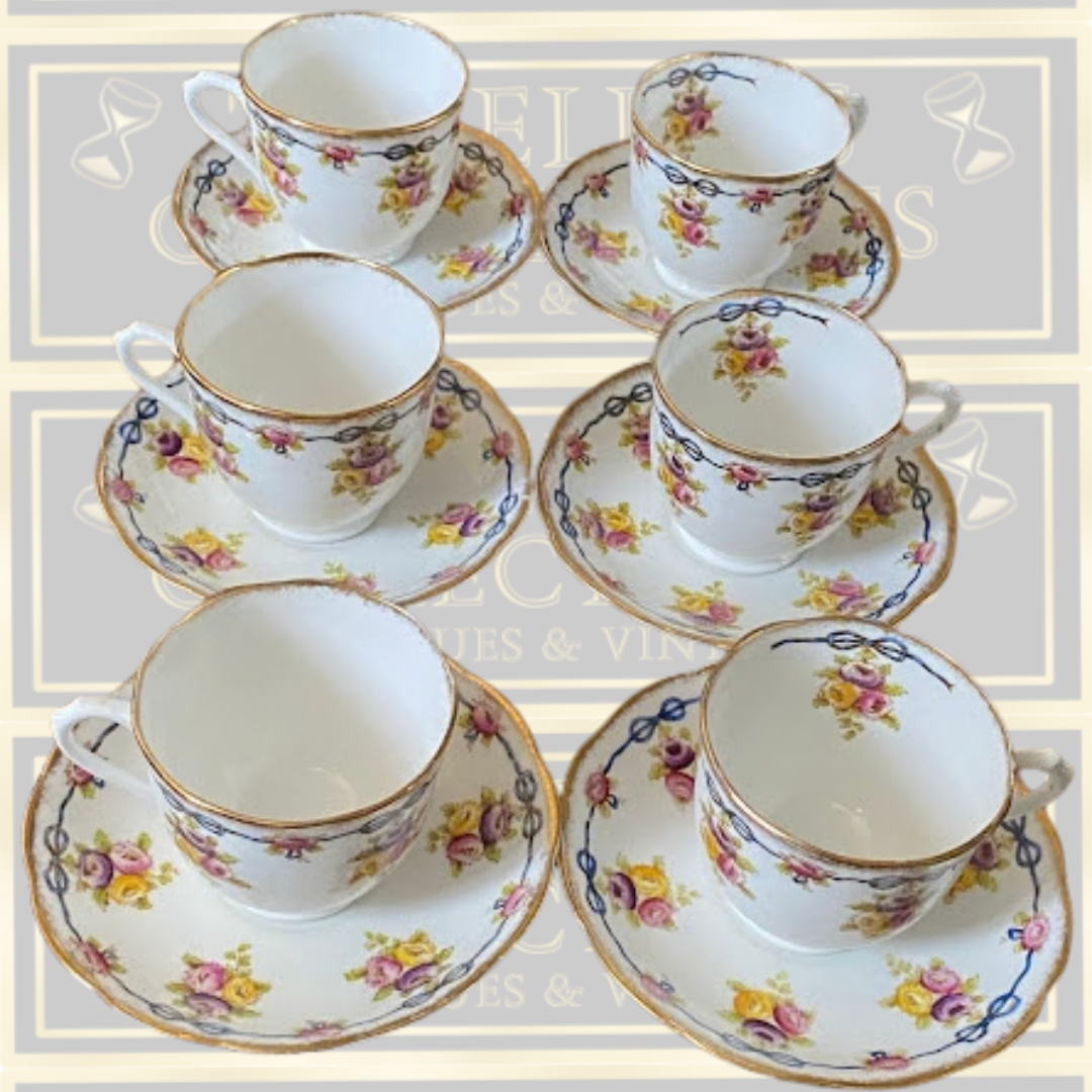 Antique Six Cups & Saucers Royal Albert Crown Blue Ribbons China set