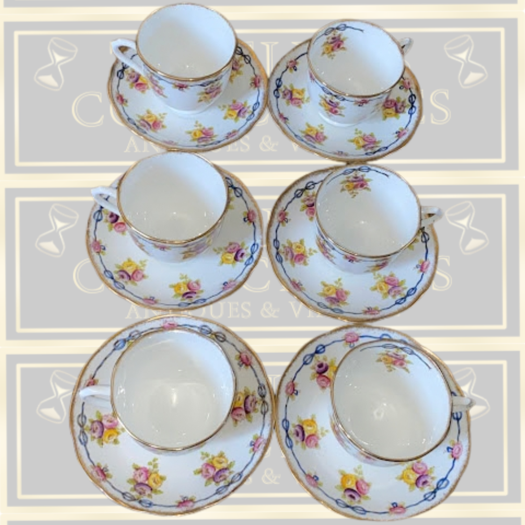 Antique Six Cups & Saucers Royal Albert Crown Blue Ribbons China set