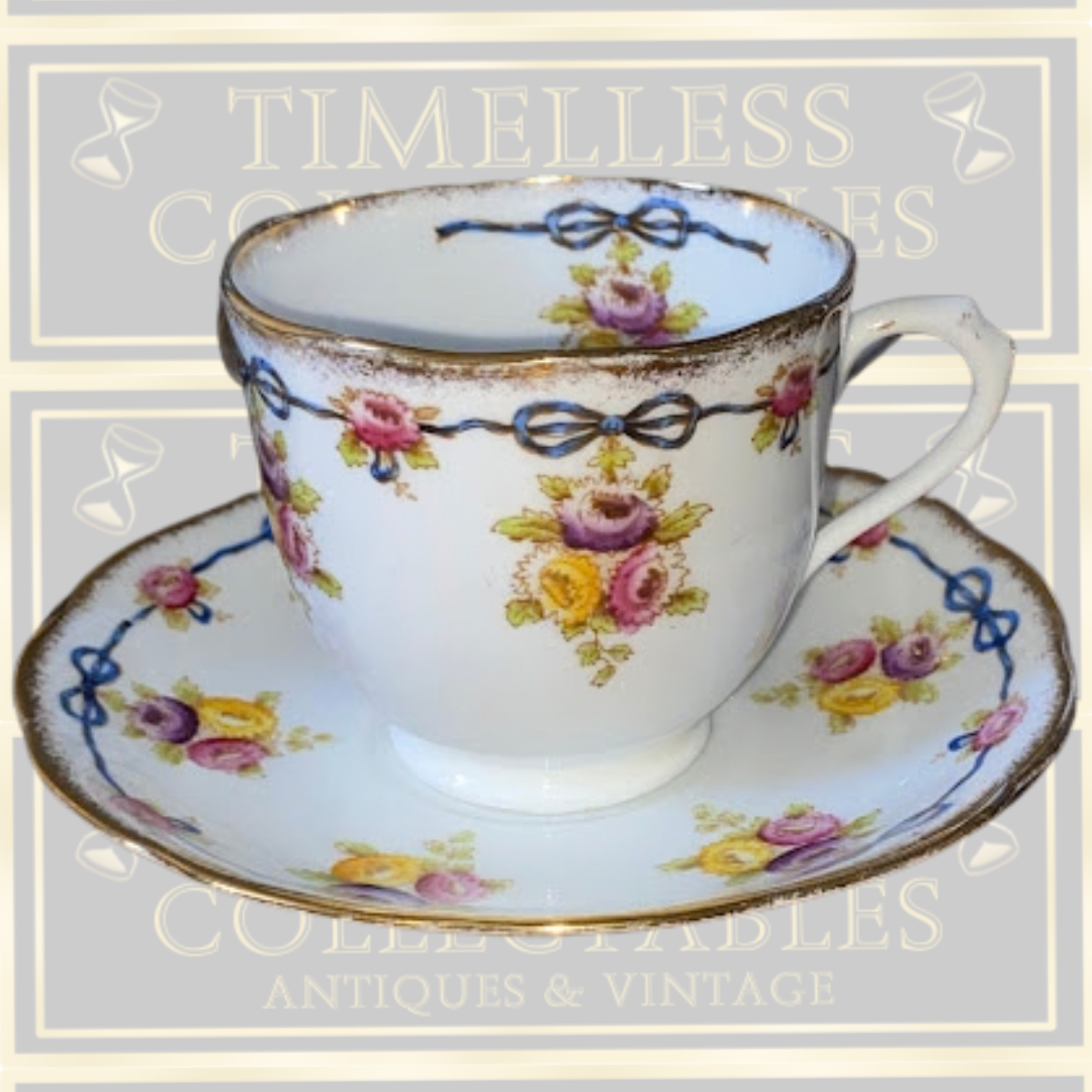 Antique Six Cups & Saucers Royal Albert Crown Blue Ribbons China set