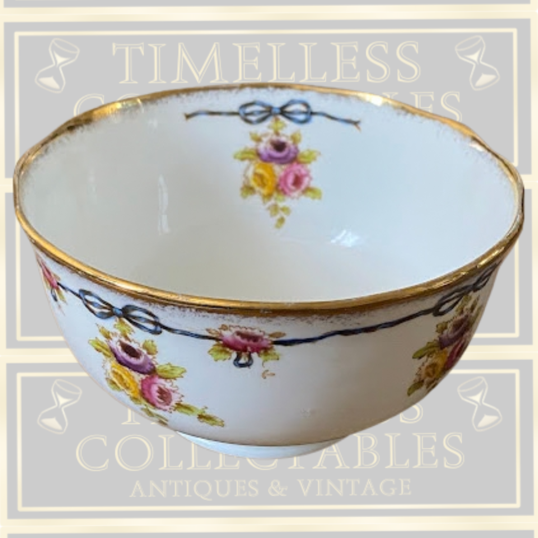 Antique Royal Albert Crown China Blue Ribbon Open Sugar Bowl
