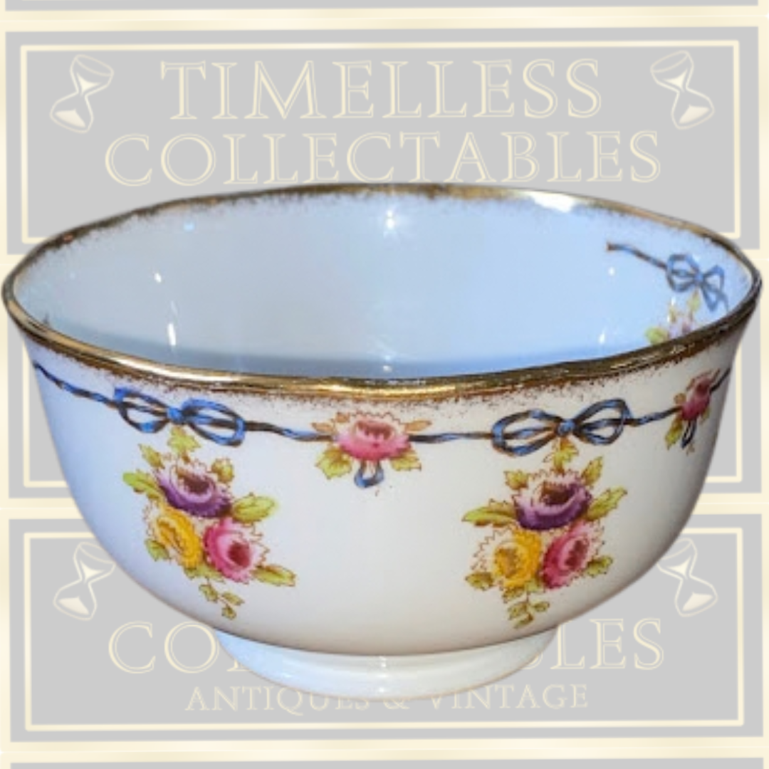Antique Royal Albert Crown China Blue Ribbon Open Sugar Bowl