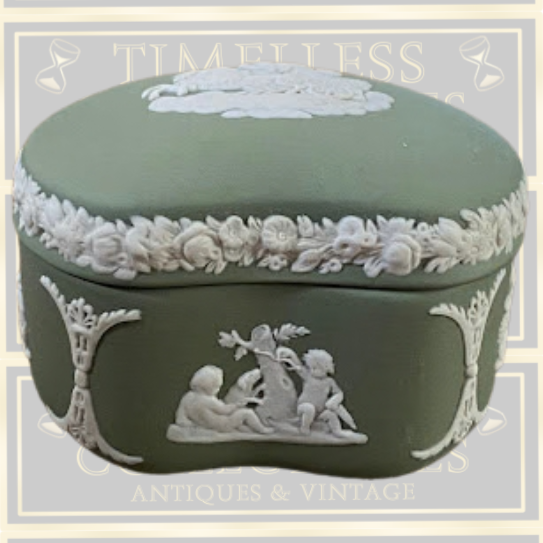 Vintage Jasperware wedgewood heart shaped trinket box sage green