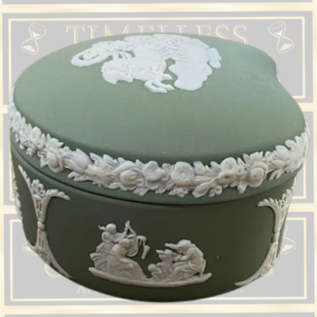 Vintage Jasperware wedgewood heart shaped trinket box sage green