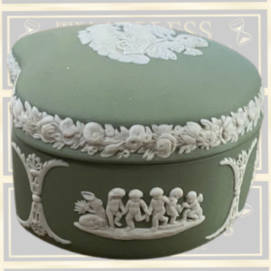Vintage Jasperware wedgewood heart shaped trinket box sage green
