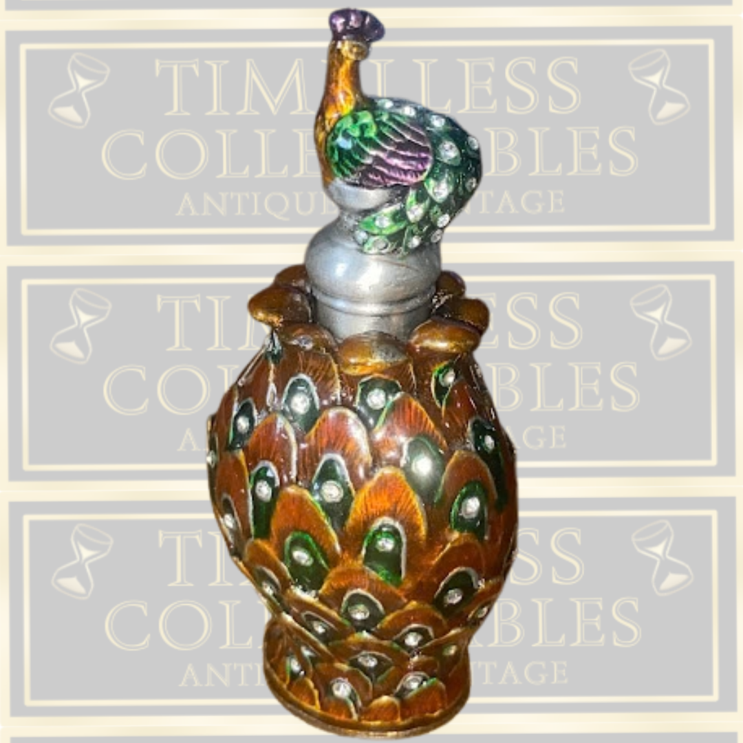 Vintage-Peacock Enamel Over Metal & Glass Refillable Perfume Bottle