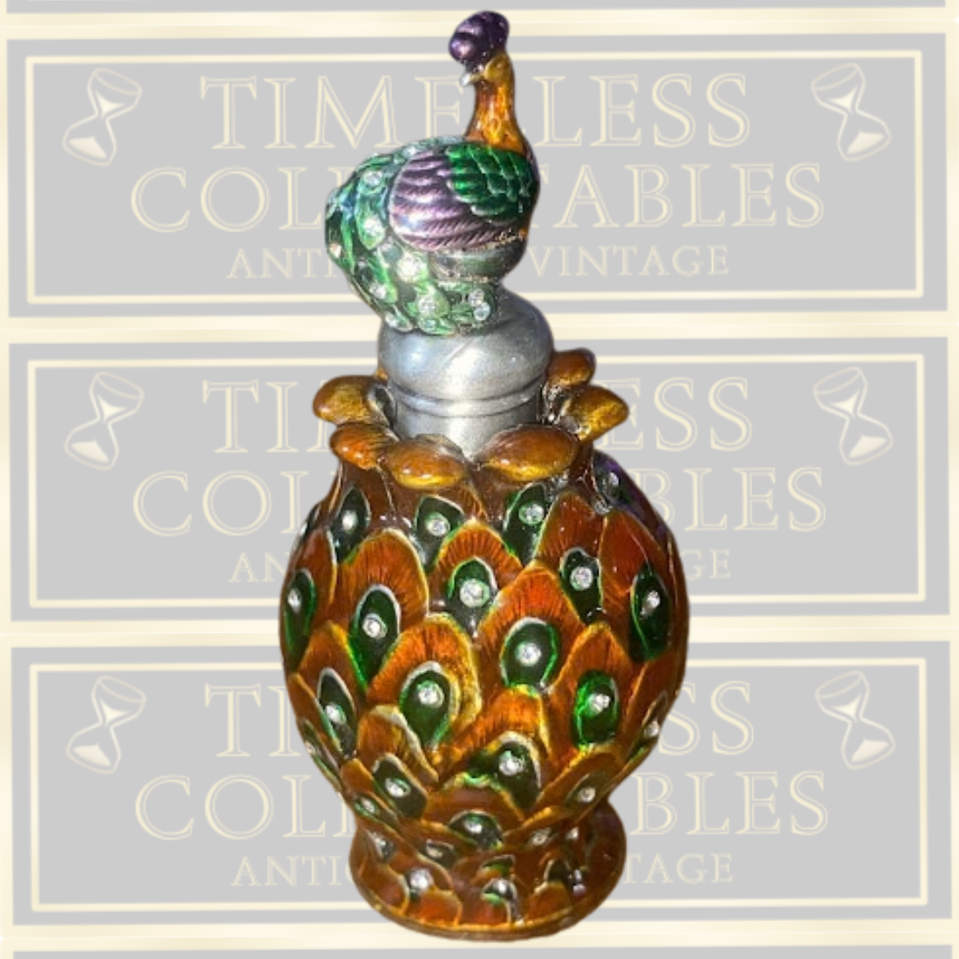 Vintage-Peacock Enamel Over Metal & Glass Refillable Perfume Bottle