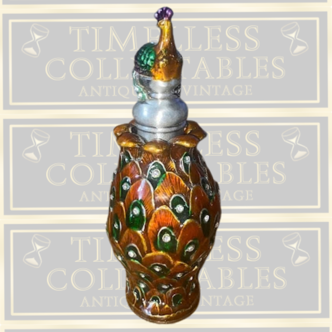 Vintage-Peacock Enamel Over Metal & Glass Refillable Perfume Bottle