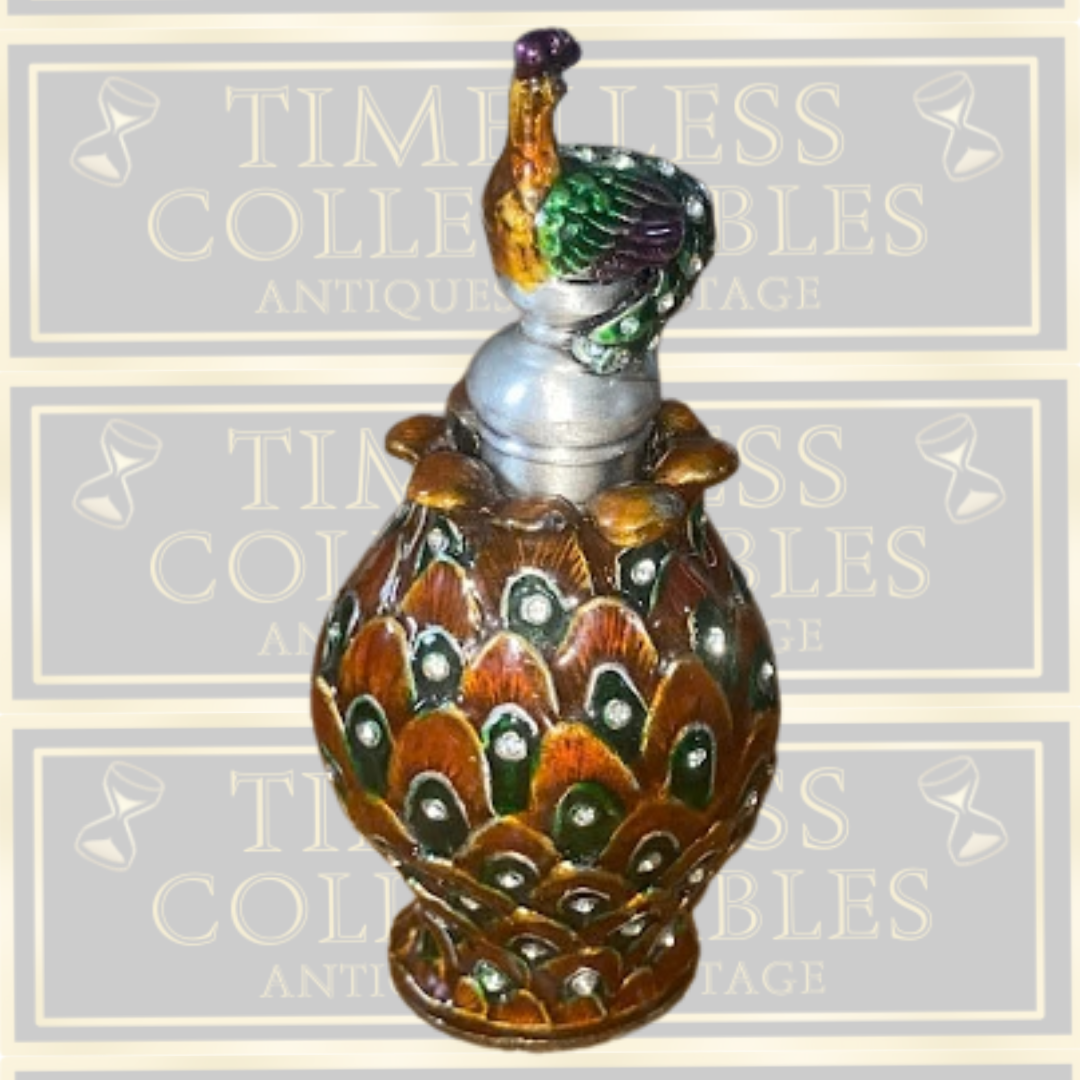 Vintage-Peacock Enamel Over Metal & Glass Refillable Perfume Bottle