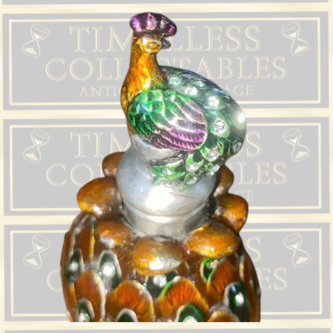 Vintage-Peacock Enamel Over Metal & Glass Refillable Perfume Bottle