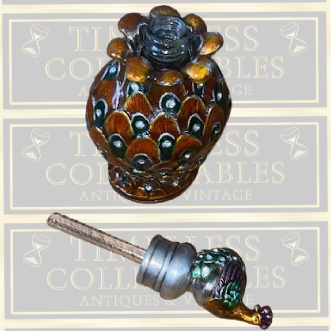 Vintage-Peacock Enamel Over Metal & Glass Refillable Perfume Bottle