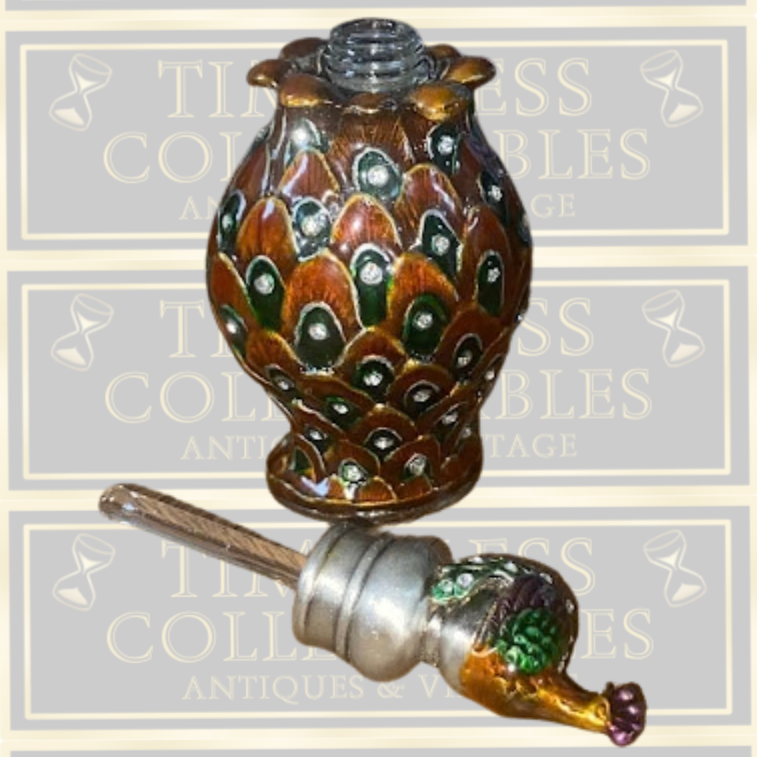 Vintage-Peacock Enamel Over Metal & Glass Refillable Perfume Bottle