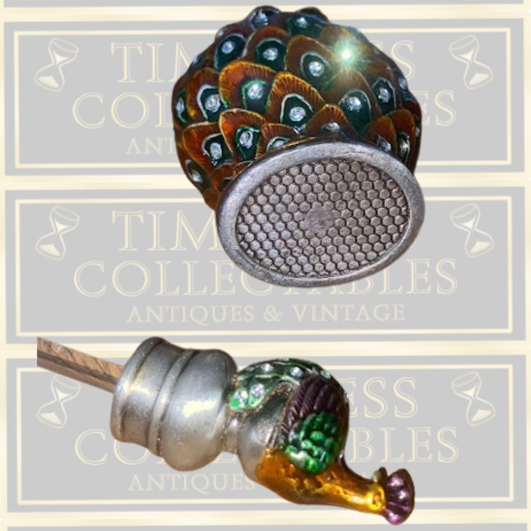 Vintage-Peacock Enamel Over Metal & Glass Refillable Perfume Bottle